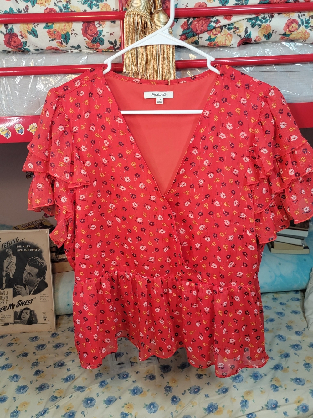 Madewell Red Floral Wrap Ruffle Sleeve Blouse Size 14